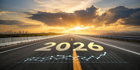 Hopeful road journey to business financial growth and success in future year 2026. strategic path forward with clear goal and vision toward bright economic horizon