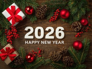 Happy new year 2026 greeting with festive decorations on wood