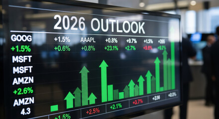 Positive business and financial outlook for 2026 showing stock market growth chart. investment data on digital screen reflects an optimistic economic forecast and analysis