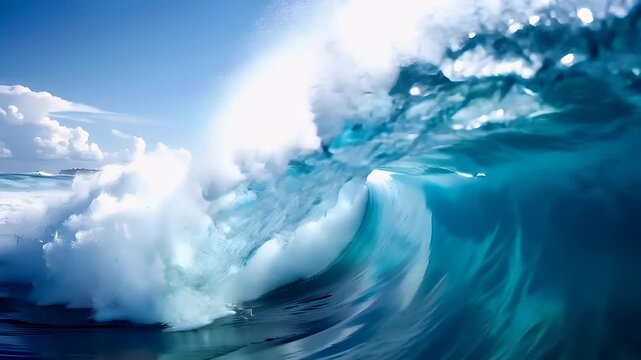 A vivid portrayal of a powerful wave breaking in the ocean, captured in a highresolution digital art style. The waves intricate details are highlighted by the play of light and shadow.