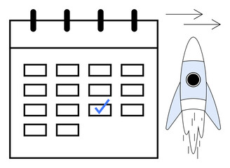 Calendar grid with marked date and ascending rocket. Arrows symbolize progress and forward motion. Ideal for planning, scheduling, goal-setting, deadlines, time management, success, launching ideas