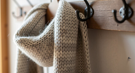 Wool scarf draped over hooks in cozy indoor setting  