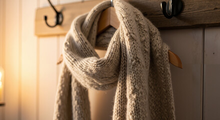 Cozy beige wool scarf hanging on wooden hook in warm light  
