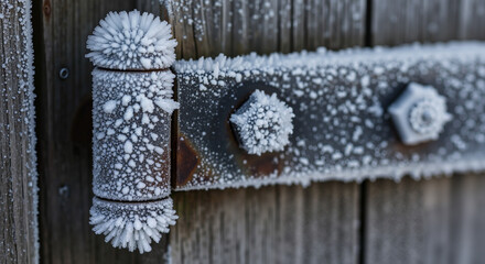 Frozen gate hinge covered in frost on wooden surface  