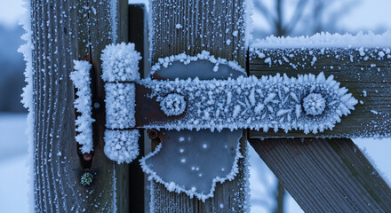Frosted metal gate hinge with ice crystals in winter landscape  
