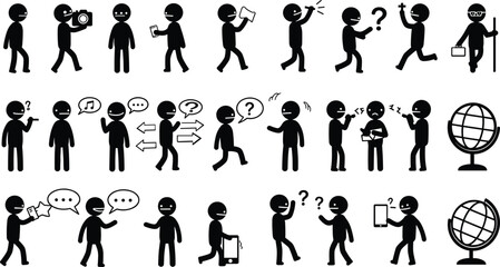 Black Silhouette Figures Engaged in Various Activities and Communication stick figure black and white