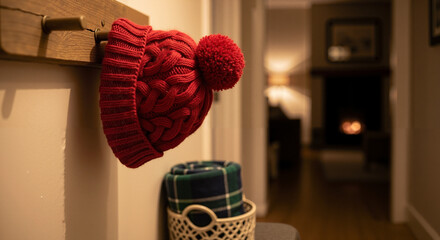 Red knit hat hanging on hook in cozy hallway with soft lighting  