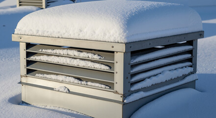 Snow-covered rooftop vent with white snow in winter setting  