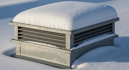 Metal rooftop vent covered in snow during winter season  