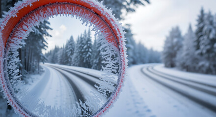 Frosty landscape through a traffic mirror on a snowy road  