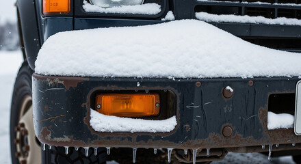 Snow covering the front bumper of a truck in winter landscape  