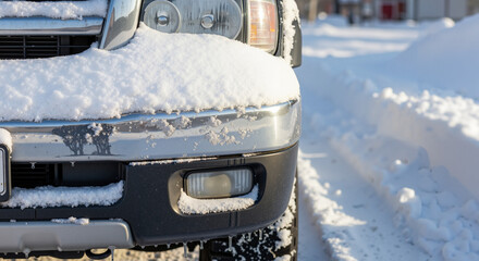 Snow-covered truck bumper on snowy street during winter season  