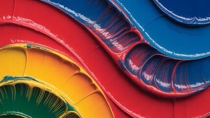Close up of thick layers of red yellow and blue paint creating an abstract colorful design