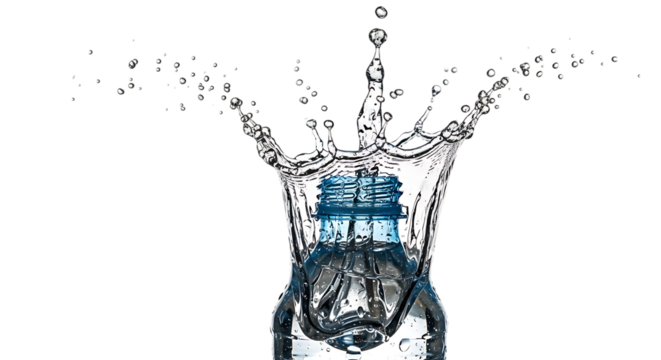 Water splashing out of a plastic bottle isolated on transparent background, creating a dynamic and refreshing scene, perfect for illustrating hydration, purity, and the essence of clean drinking water