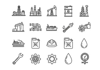 Oil and Gas Industry Vector Icon Set in Black Outline Style.
