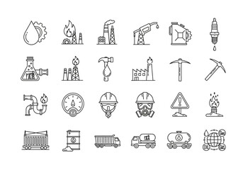Oil and Gas Industry Outline Icons: Production Transportation and Safety Equipment.