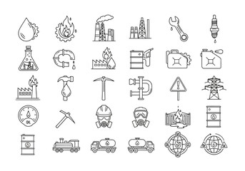 Collection of Black and White Line Art Icons Representing Oil and Gas Industry Elements.