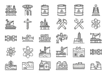 Oil and Gas Industry Outline Icon Set: Platforms Barrels Tools and Processing.