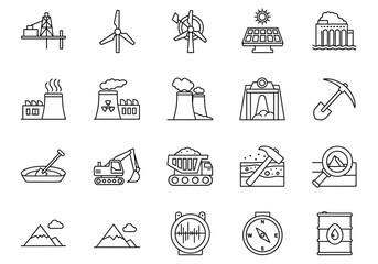 Collection of Black and White Line Art Icons Representing Industry and Resources.