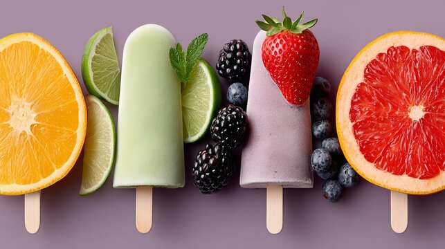 Row of popsicles with different fruit on them. The popsicles are lined up next to each other and include blueberries, strawberries, and oranges