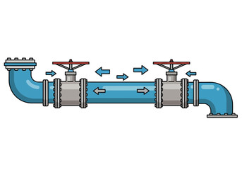 Blue Pipeline with Valves and Arrows Indicating Flow Direction.