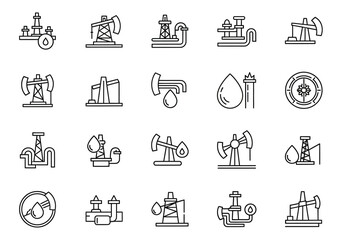 Collection of Oil Industry Icons in Outline Style Representing Extraction and Processing.