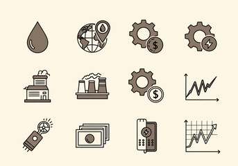 Energy and Industry Icon Set: Oil Factories Gears Graphs and Power.