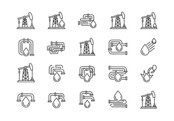 Oil Industry Icons: Pumpjacks Pipelines and Oil Drops in Line Art.