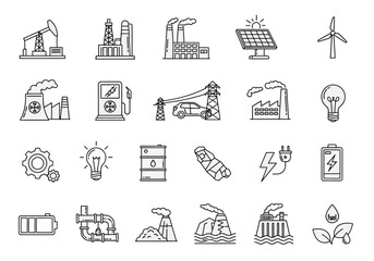Energy and Industry Icons: Oil Gas Solar Wind and Power Generation.