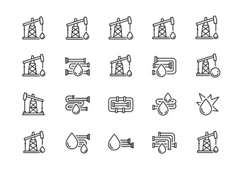 Oil Industry and Pipeline Icons Set in Black and White Outline Style.