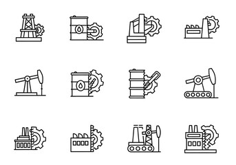 Oil and Gas Industry Icons Set in Black Outline Style.
