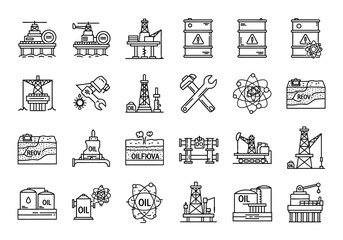 Oil and Gas Industry Outline Icon Set: Rigs Barrels Tools and Resources.