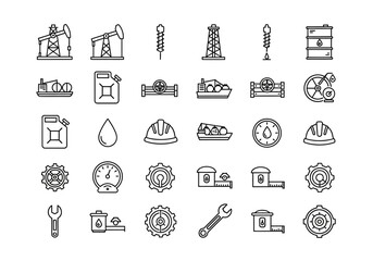 Oil and Gas Industry Outline Icons Set: Equipment Tools and Infrastructure.
