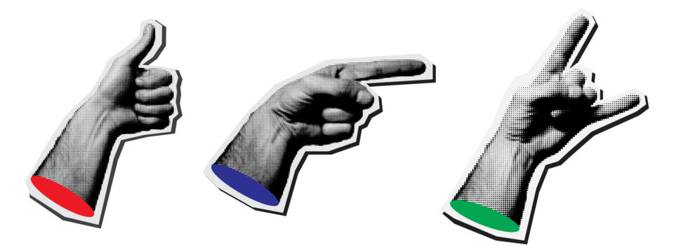 A set of isolated retro hand gestures in a halftone pop art style. This collection includes a thumbs up, a pointing finger, and a rock horns sign. Vector sticker illustrations.