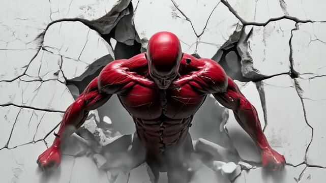 Red muscular figure breaking through cracked wall