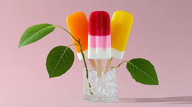 Glass of ice with three popsicles in it. The popsicles are in different colors and are surrounded by a leaf