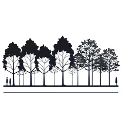 Minimalist black and white illustration of various tree silhouettes in a row on a dark background