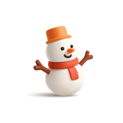 3D cute smiling snowman character, icon on white background. For winter holidays, Christmas, New Year concepts. Vector illustration.