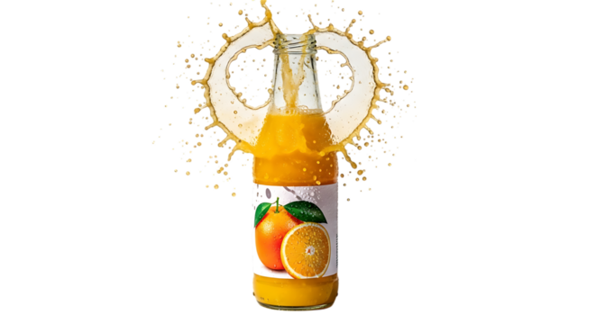 Refreshing orange juice bottle with a vibrant splash, isolated on transparent background the bottle is adorned with a label featuring fresh oranges, conveying a sense of natural goodness and healthy r
