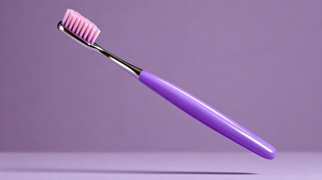 Toothbrush with pink bristles is shown in a purple background. The toothbrush is positioned upright, with the bristles pointing upwards. Concept of cleanliness and oral hygiene