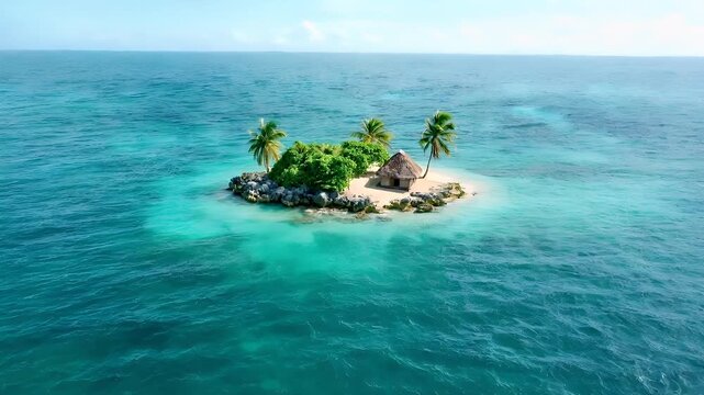 Aerial view of tropical island with palm trees and thatched roof hut on sandy shore.