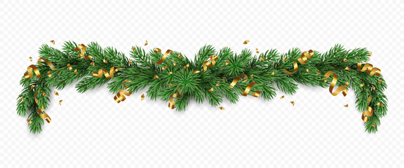 Vector realistic pine tree branches with golden confetti and ribbons isolated on a transparent background. Holiday Christmas tree garland for winter decoration banner, poster, greeting card.
