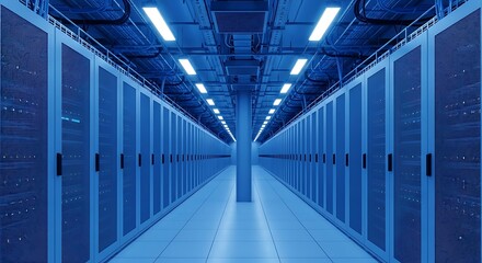 Obraz premium A long corridor with server racks in a data center, illuminated by white lights, creating a sense of technological advancement and connectivity