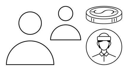 Minimalistic design featuring user profile icons, coin representation, and a professional avatar. Ideal for finance, management, networking, identity, career, digital platforms simple flat metaphor