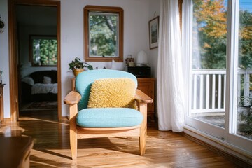 Fototapeta premium A bright and inviting living room featuring a stylish chair with a yellow cushion, surrounded by natural light and greenery.