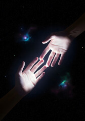 Glowing Hands Connecting in Dark Space
