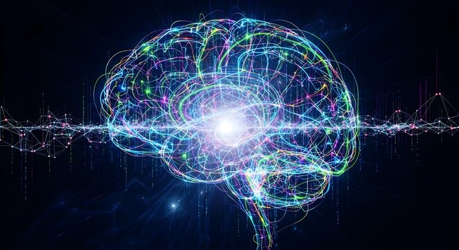 Futuristic human brain with neon-lit neural networks, glowing synapses, digital data streams.