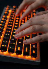 Glowing Orange Keyboard. Hands Typing on Illuminated Keys