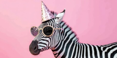 Zebra wearing party hat and sunglasses celebrating