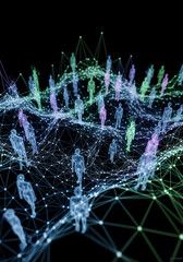 Glowing Mesh Network. Abstract Figures Walking in Dark Background